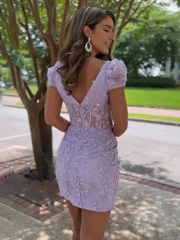Elegant Fitted Square Neck Lace Short Sleeve Corset Mini Bodycon Dress