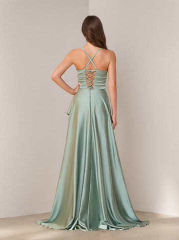 A-Line/Princess Spaghetti Straps Sleeveless Asymmetrical Hem Silk Satin Bridesmaid Dresses with Split Side