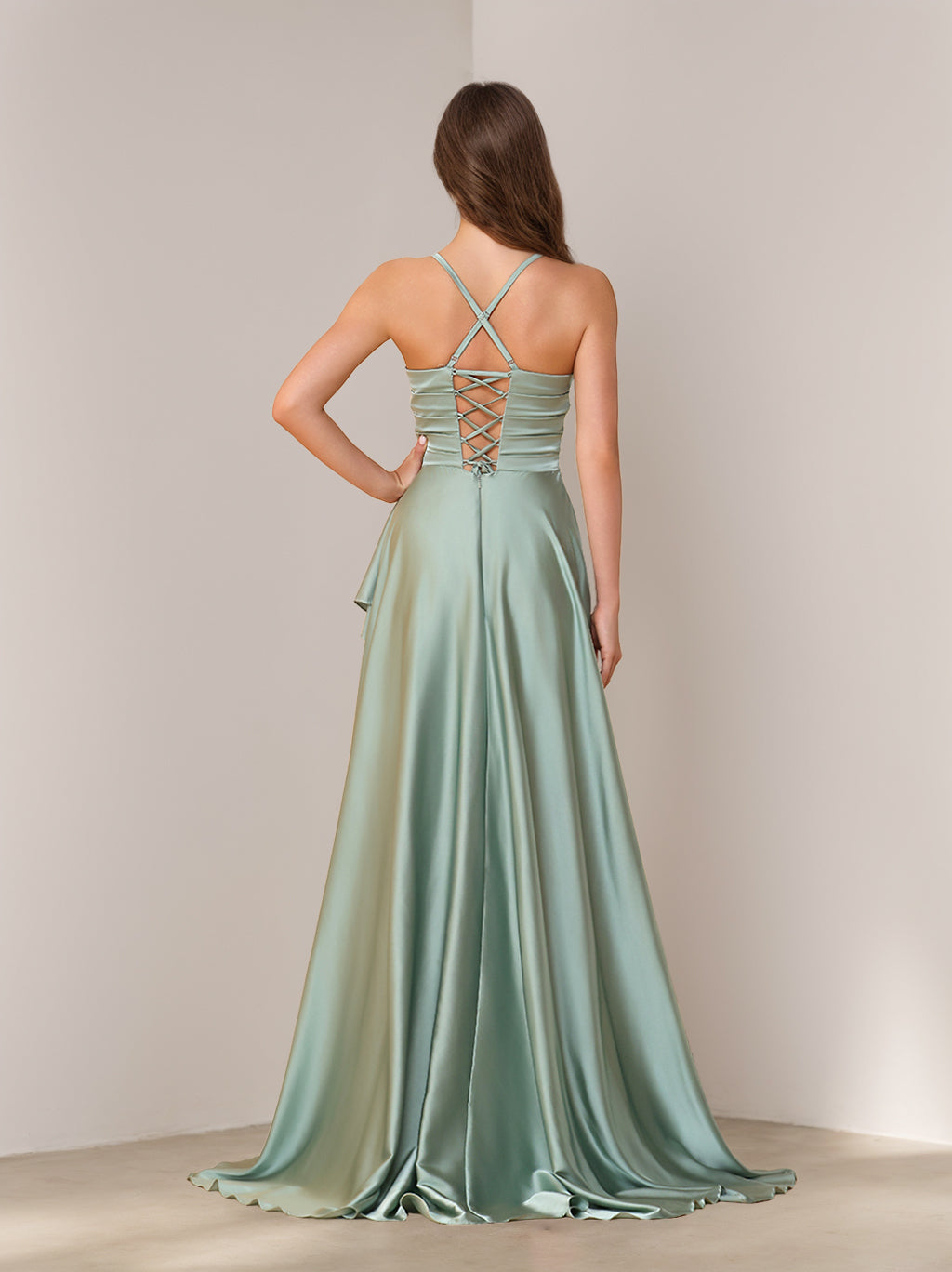 A-Line/Princess Spaghetti Straps Sleeveless Asymmetrical Hem Silk Satin Bridesmaid Dresses with Split Side