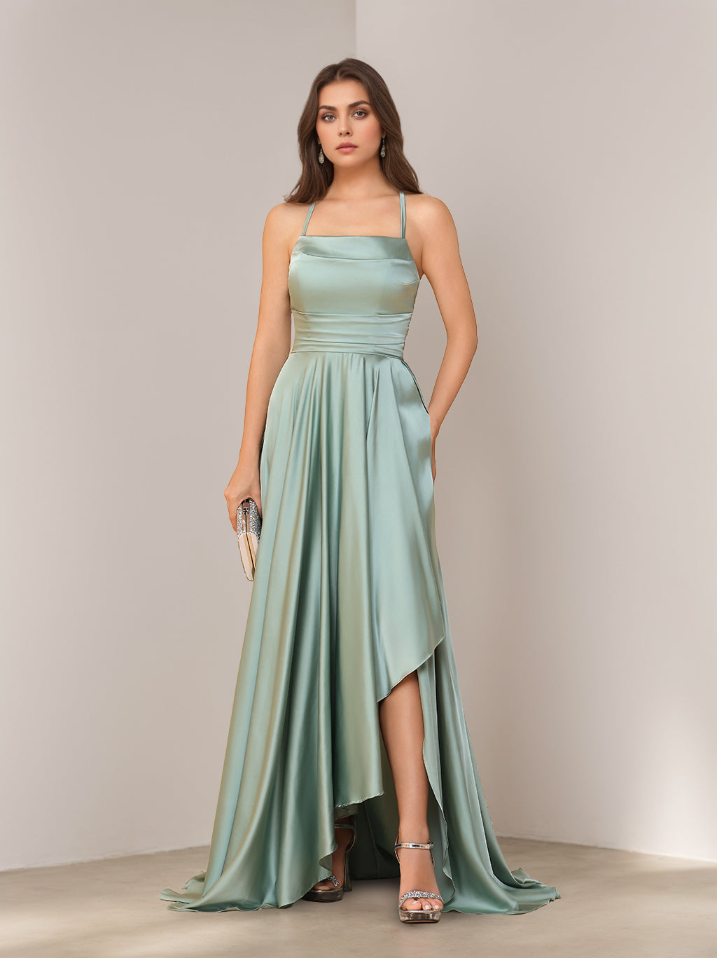 A-Line/Princess Spaghetti Straps Sleeveless Asymmetrical Hem Silk Satin Bridesmaid Dresses with Split Side