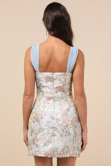 Vedress sky blue jacquard flower wide chiffon strap open back mini homecoming dress back view