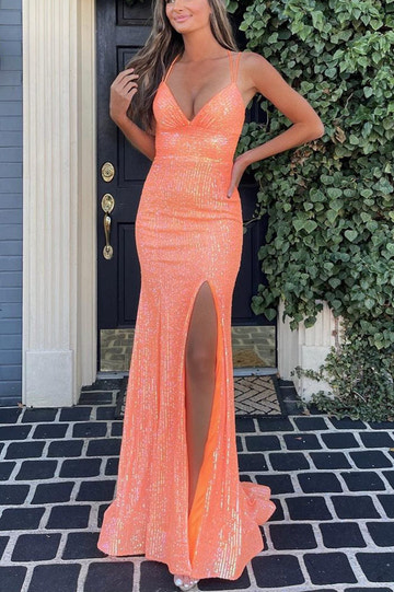 Impresionante vestido de fiesta largo de sirena sin espalda, lentejuelas naranjas brillantes, cuello en V profundo, tirantes finos, vestido de sirena ajustado con abertura alta