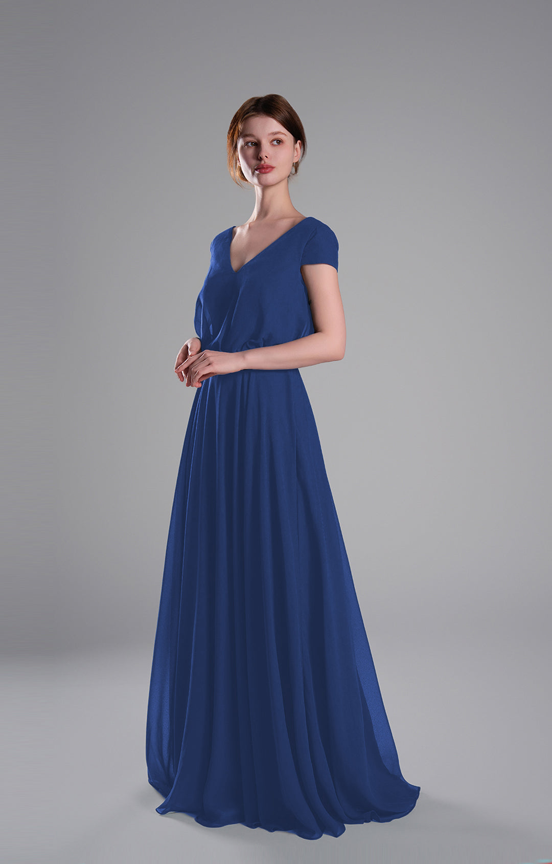 Elegant Chiffon Maxi Dress V Neck Cap Sleeve Flowy Evening Gown Wedding Guest Formal Bridesmaid Dresses