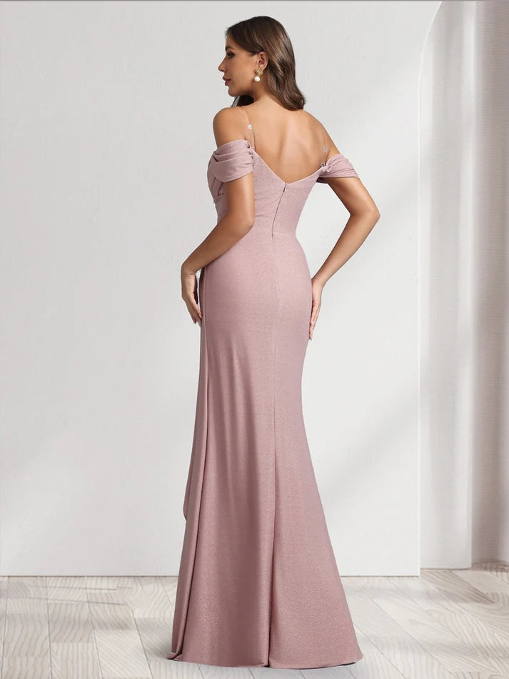 Vestidos de fiesta de damas de honor formales con pliegues, volantes y abertura lateral, estilo princesa de corte A, con hombros descubiertos y largo hasta el suelo