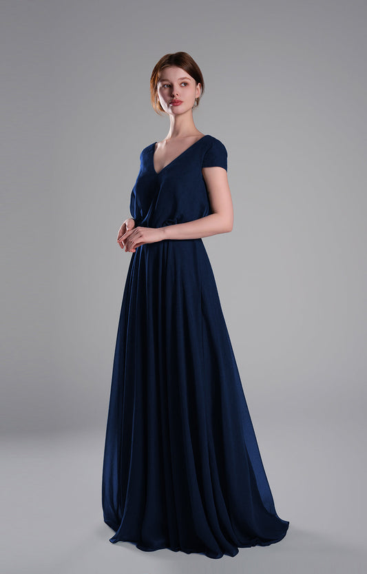 Elegant Chiffon Maxi Dress V Neck Cap Sleeve Flowy Evening Gown Wedding Guest Formal Bridesmaid Dresses