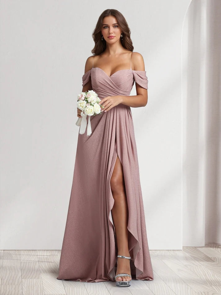 A-Line Princess Off-the-Shoulder Floor-Length Ruched Formal Prom Bridesmaid Dresses With Ruffles & Split Side