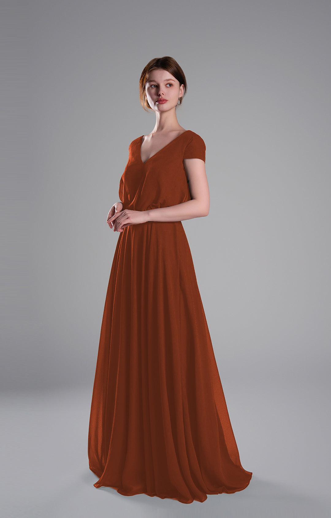Elegant Chiffon Maxi Dress V Neck Cap Sleeve Flowy Evening Gown Wedding Guest Formal Bridesmaid Dresses