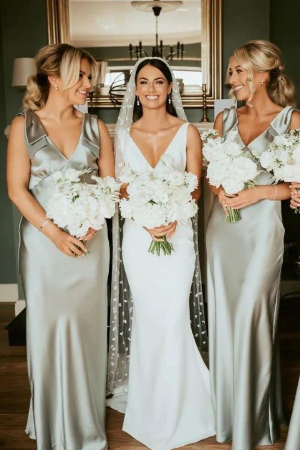 Stylish A Line V Neck Long Bridesmaid Dress with Bowknot Satin Charmeuse Solid Backless Floor length  Evening Gown