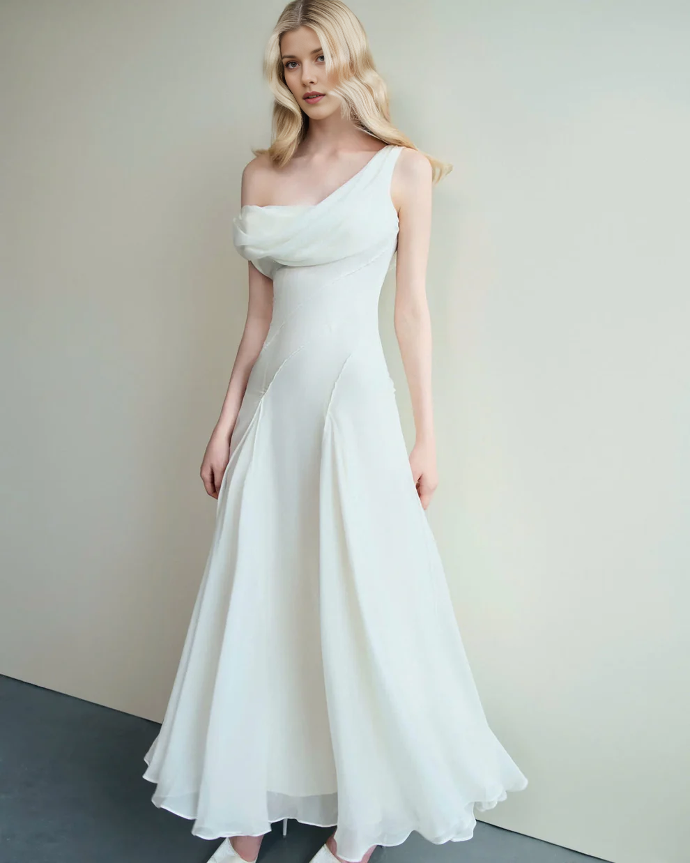 One Shoulder Draped Cowl Neck Chiffon Mermaid Maxi Wedding Dress