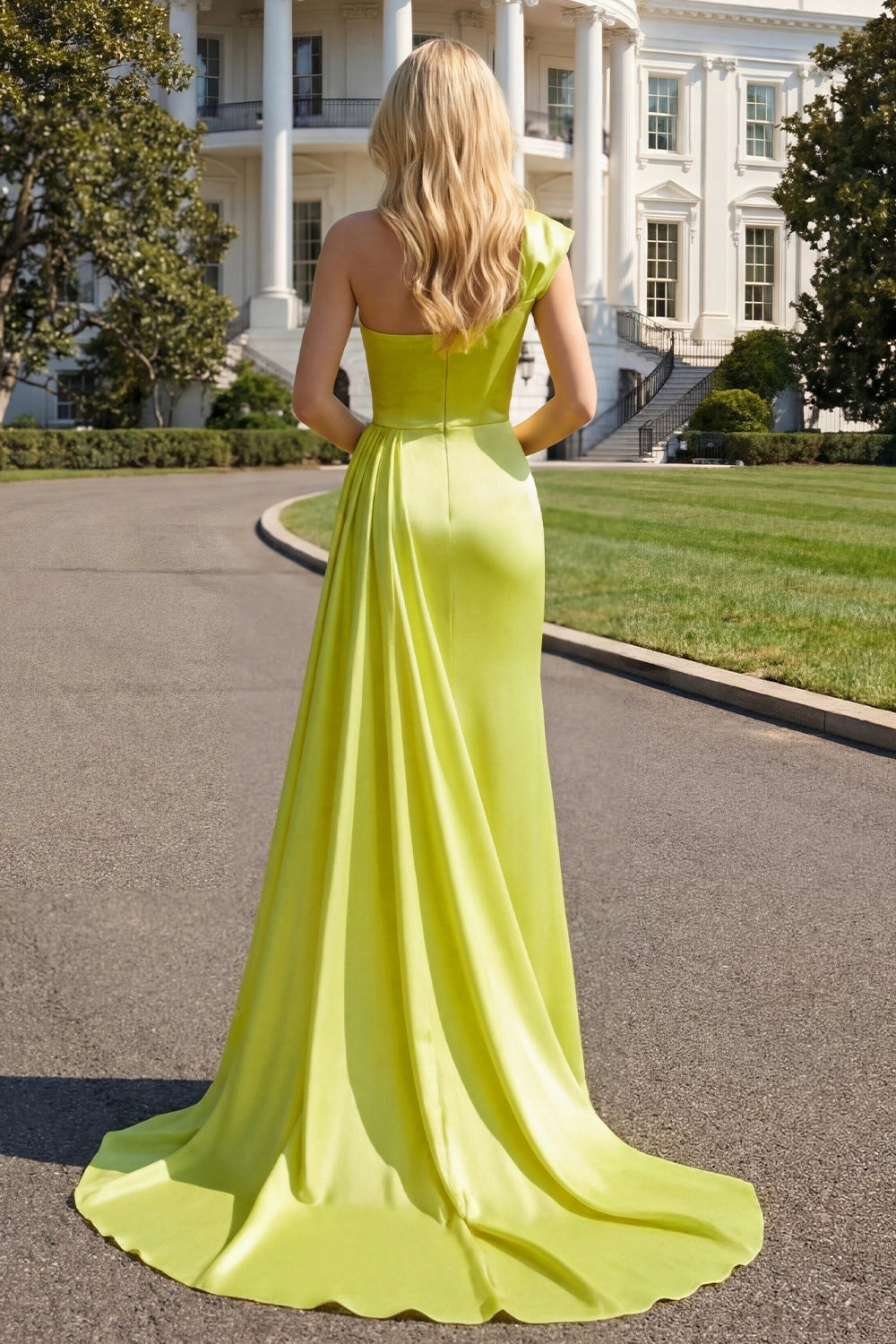 Back view Vedress lime green a-line prom dress one shoulder satin long formal gown