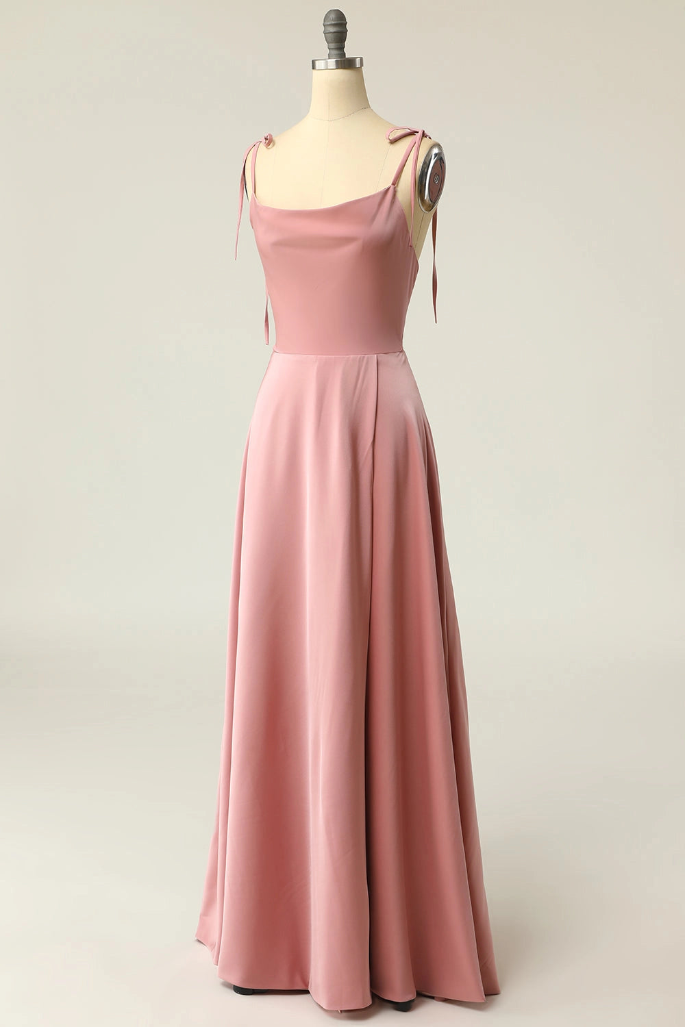 Dusty Rose A Line Cowl Tie Strap Plain Back Long Prom Dress