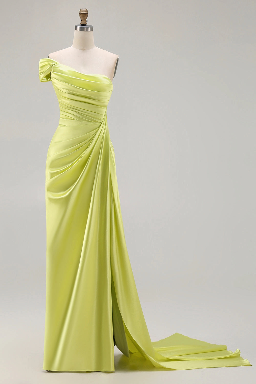 Lime Green A-Line One Shoulder Closed Back Long Prom Dress