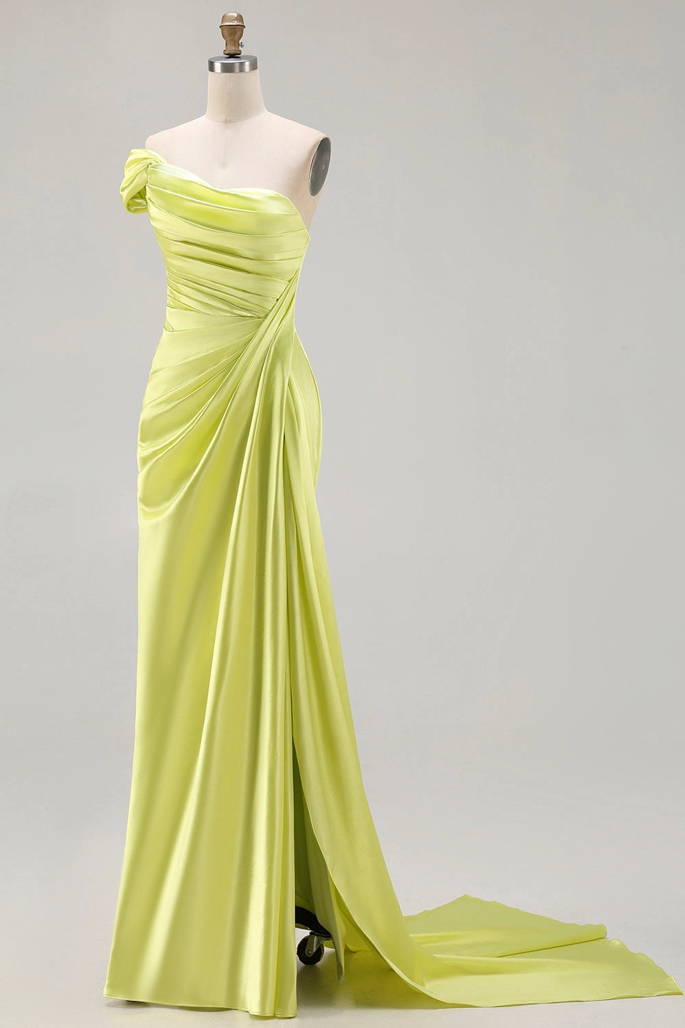 Lime Green A-Line One Shoulder Closed Back Long Prom Dress