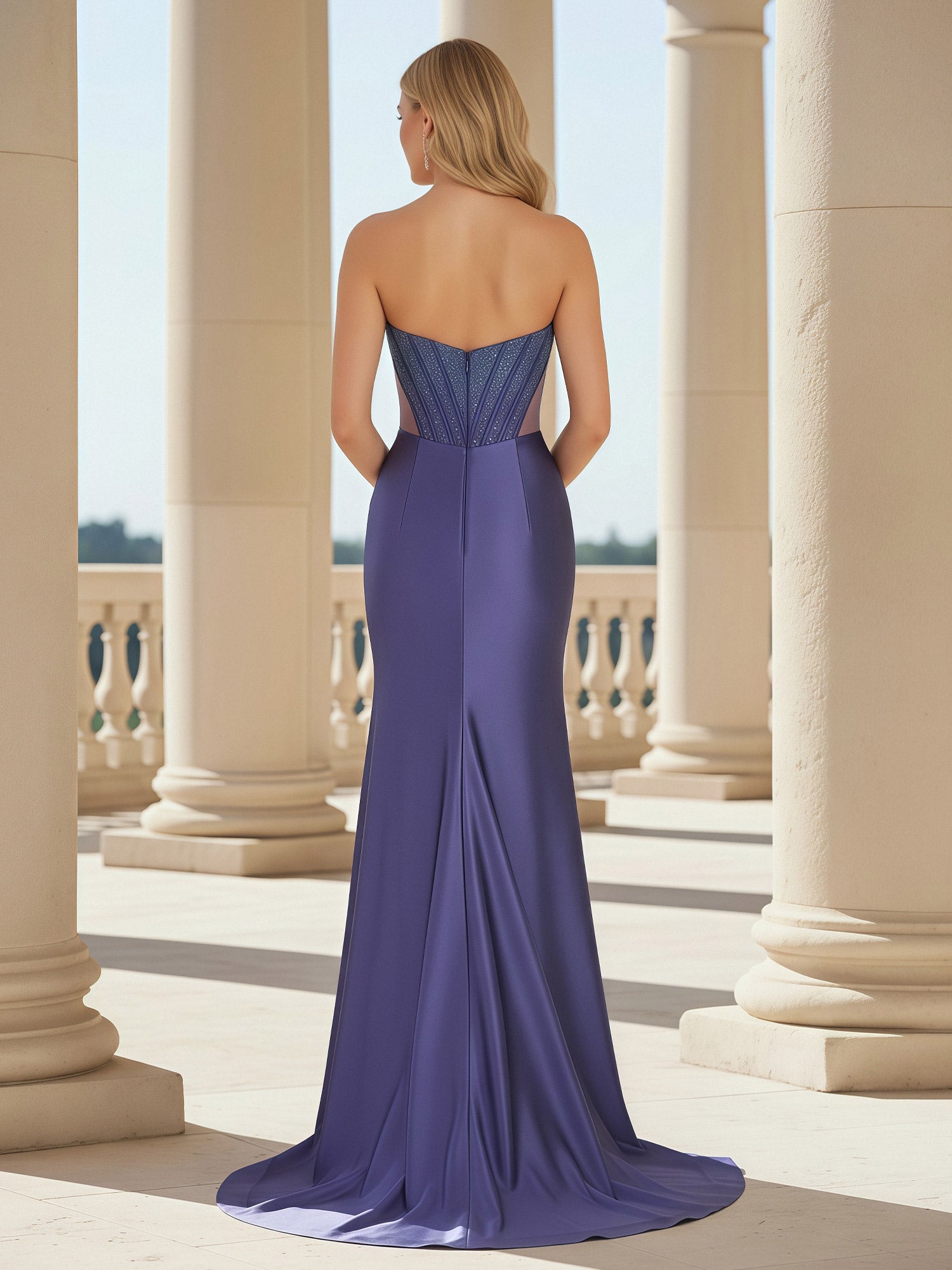 Vestido Formal Largo de Satén Color Morado Polvoriento sin Tirantes, con Corpiño Corsé Bordado, Drapeado, Abertura Alta y Cola de Sirena, para Graduaciones y Eventos de Gala
