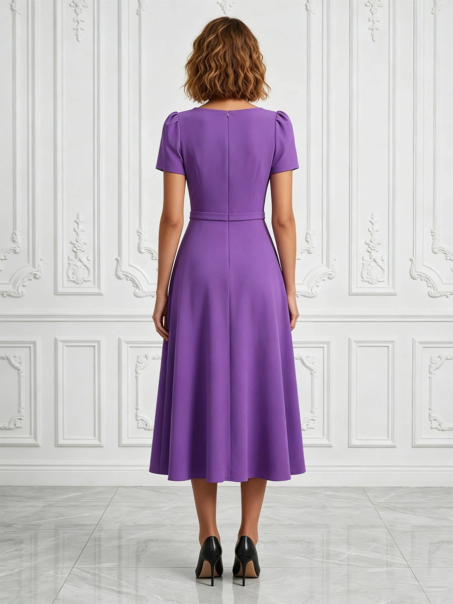 Model wearing vedress purple v neck puff sleeve midi dress invisible zip back elegant outfit