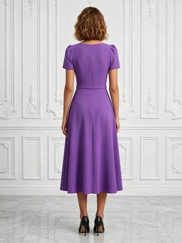 Model wearing vedress purple v neck puff sleeve midi dress invisible zip back elegant outfit