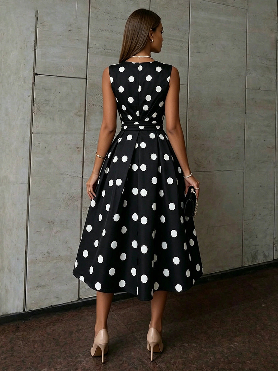 Model wearing vedress polka dot a line midi dress invisible zip back rear view