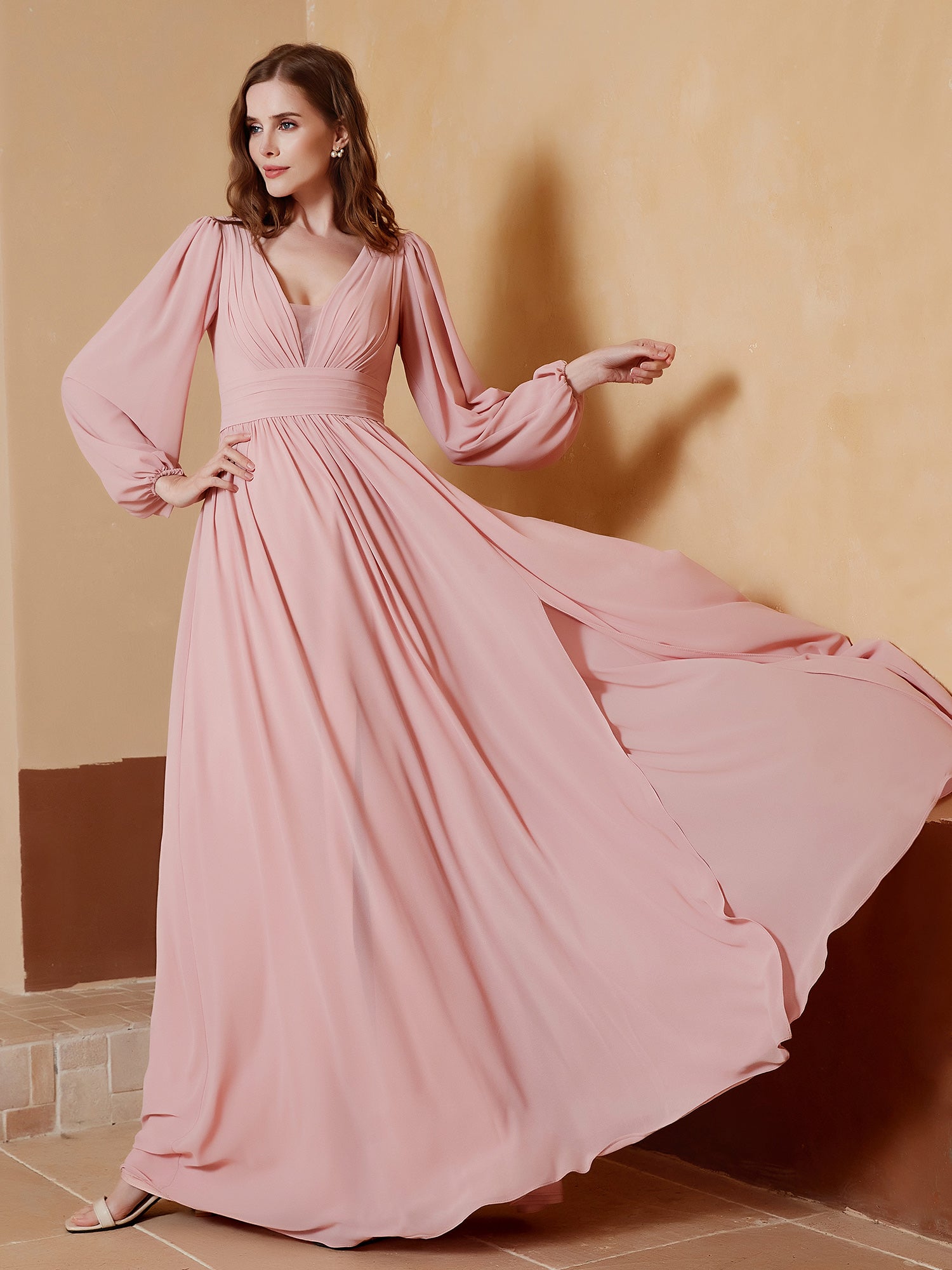 Dusty Pink Chiffon Long Sleeve V-Neck Bridesmaid Maxi Dress with Slit