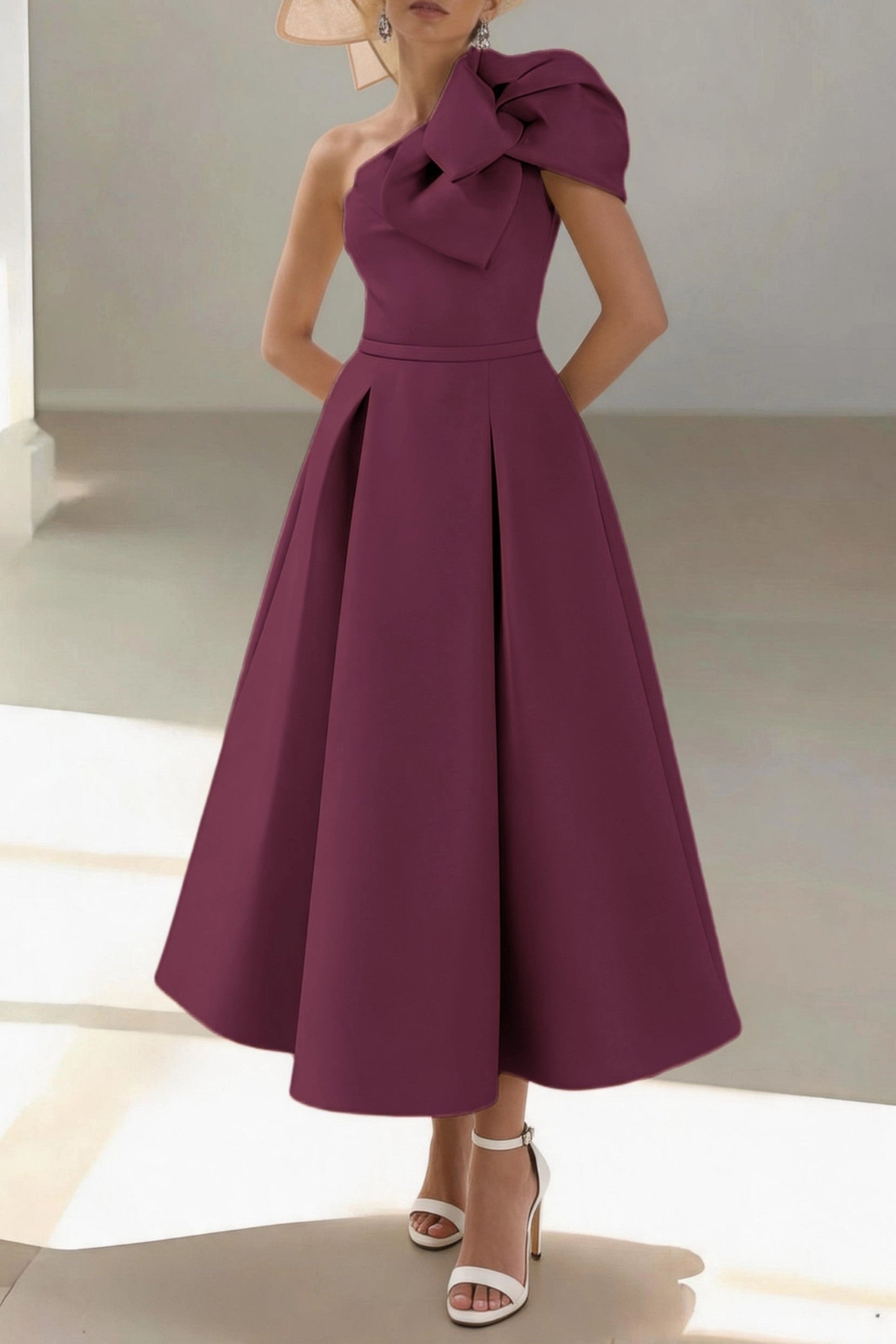 Elegant A-Line One Shoulder Sleeveless Zip Back Midi Mother Of The Bride Dress