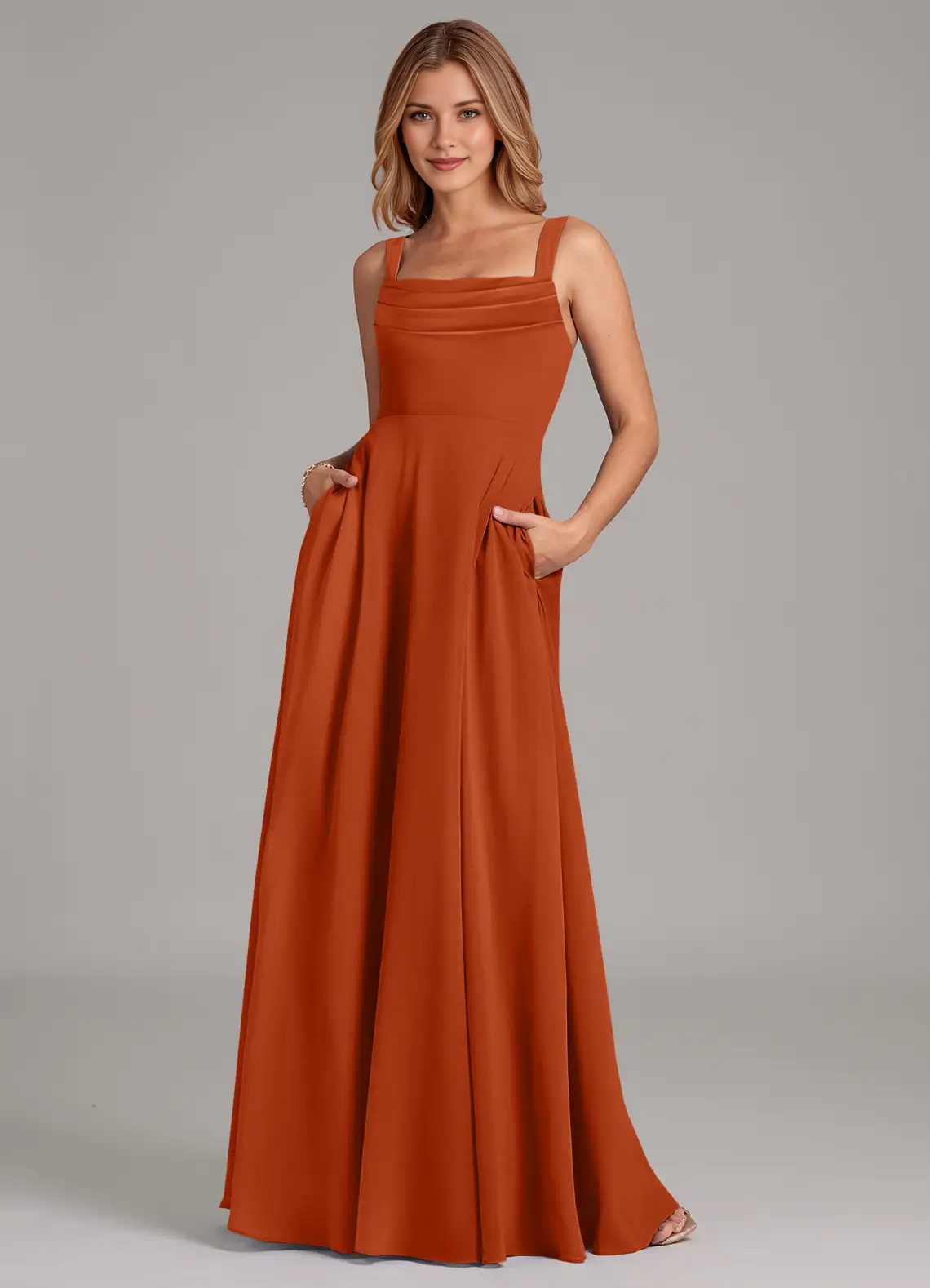Square Neck Pleated Bodice Chiffon A-Line Floor-Length Bridesmaid Dress with Pockets