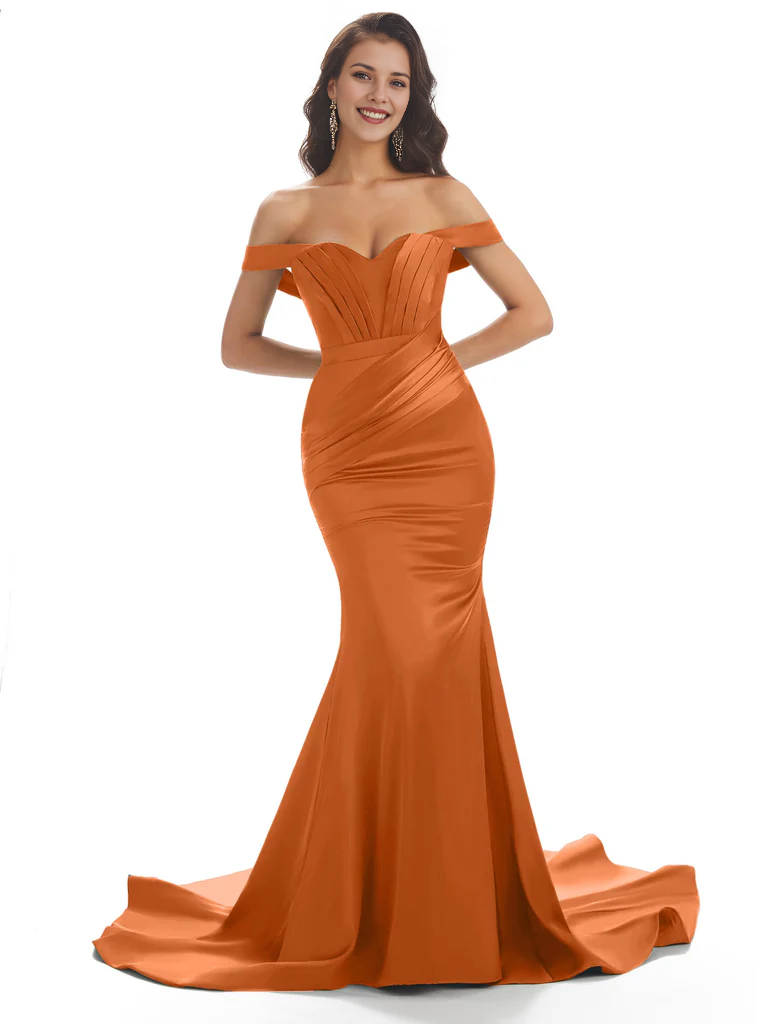 Vestido de noche largo de satén con escote corazón, fruncido, tipo sirena, con hombros descubiertos y cola