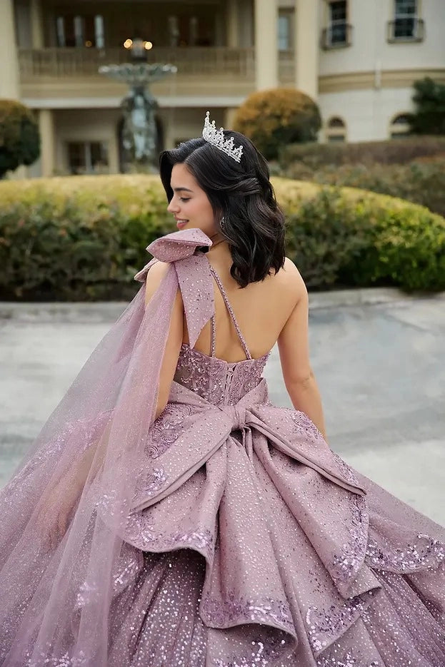 Ball Gown Sweetheart One Shoulder Cape Bow Corset Quinceañera Dress