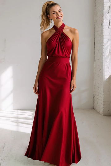 Halter Neck Satin A-Line Bridesmaid Dress with Crossed Front