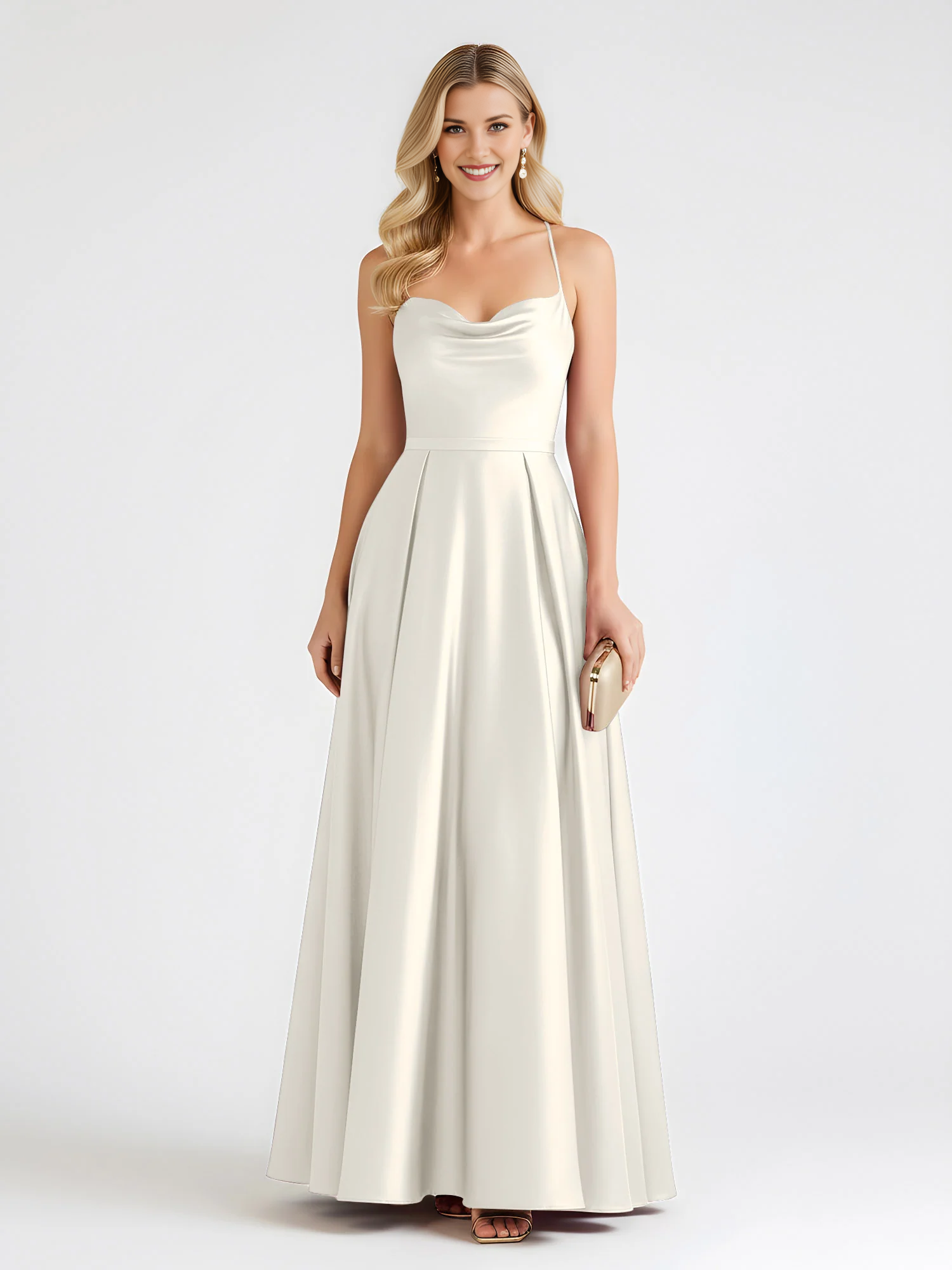 Spaghetti Strap Cowl Neck Satin A-Line Floor-Length Bridesmaid Dress with Crisscross Back