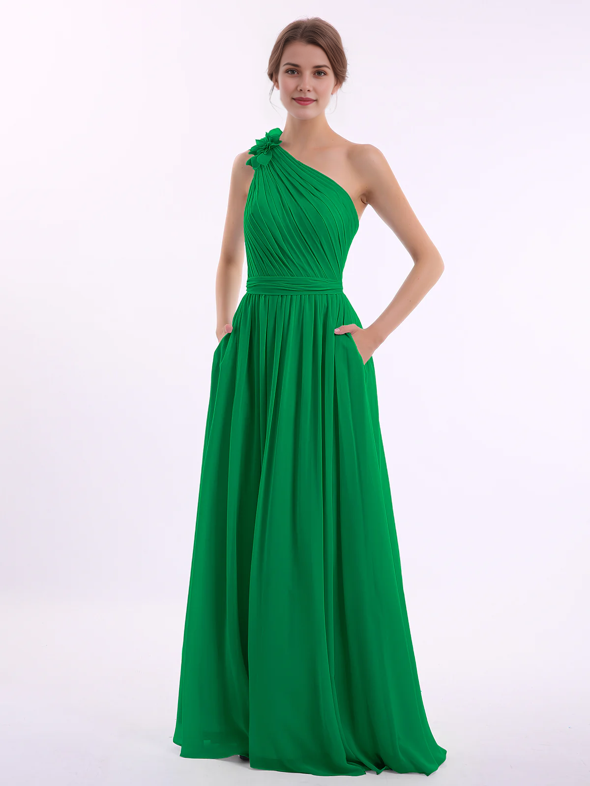 One Shoulder 3D Flower Ruched Chiffon Bridesmaid Maxi Dress with Pockets & Open Back Sash