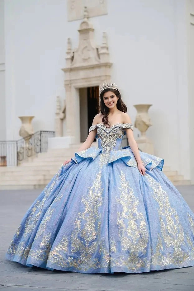 Sparkly Ball Gown Off Shoulder Short Sleeve Corset Back Train Quinceañera Dress
