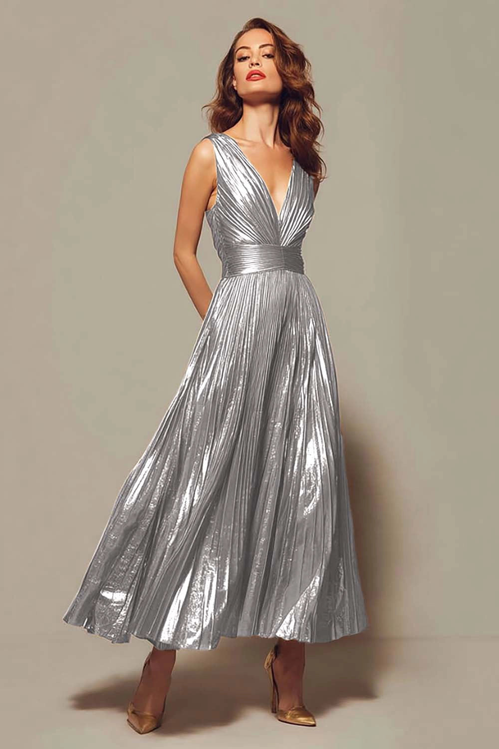 Elegant A‑Line V‑Neck Sleeveless V‑Back Floor‑Length Bridesmaid Prom Dress
