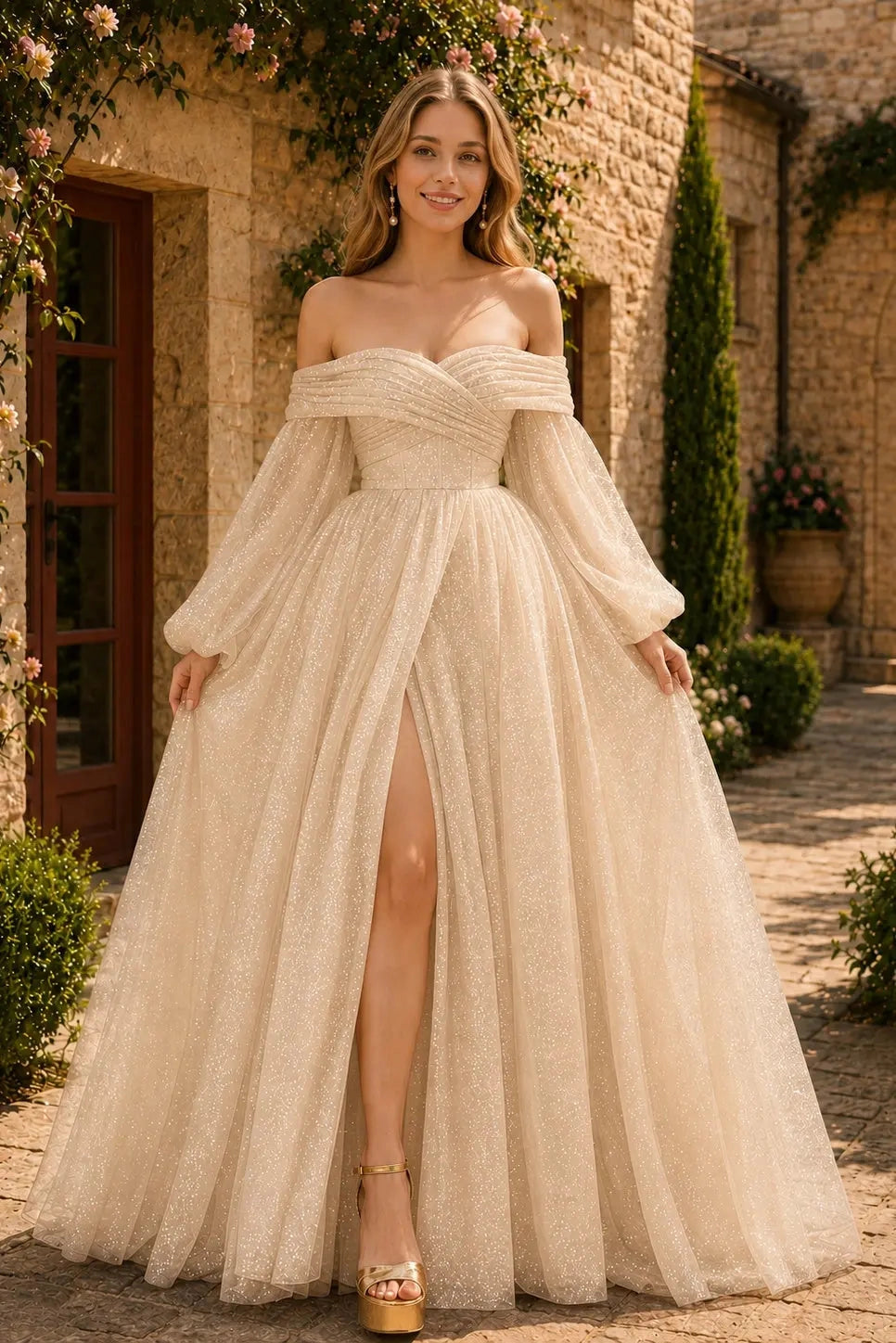 Glitter A‑Line Off‑The‑Shoulder Puff Sleeve Zip‑Back Floor Prom Dress