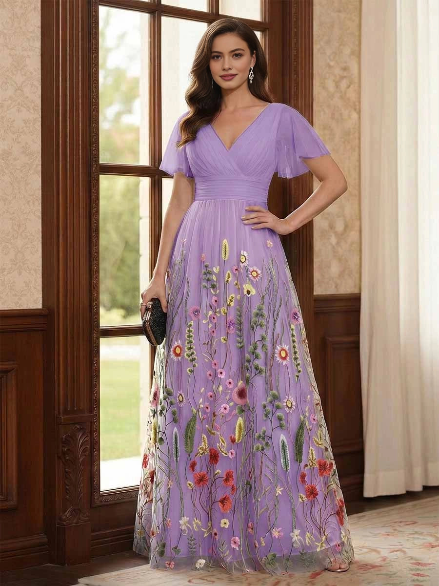 Gorgeous Black A‑Line V‑Neck Flutter‑Sleeve V‑Back Floor‑Length Floral Embroidered Mother Of The Bride Dress