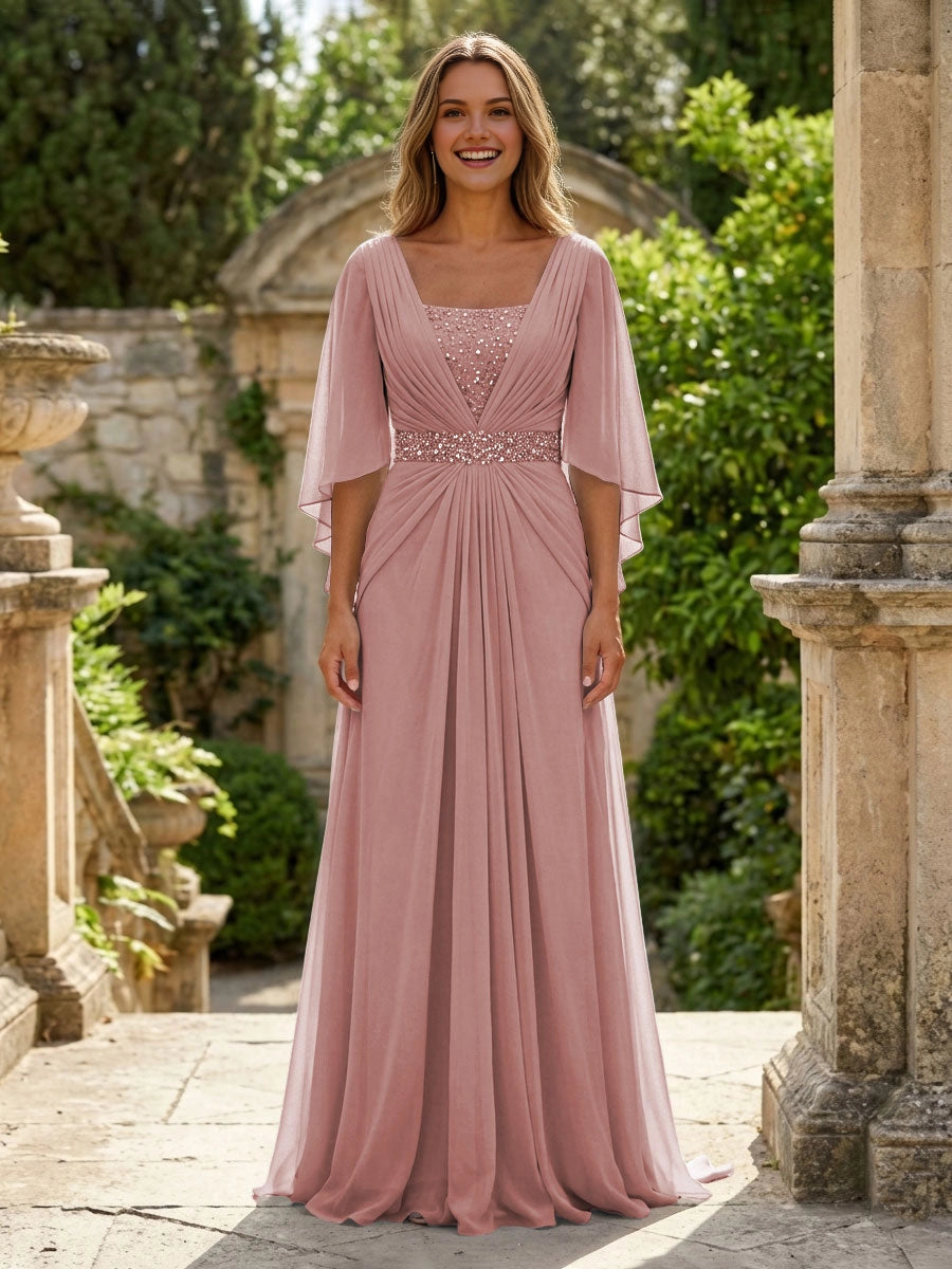 Soft Sky-Blue A-Line Square-Neck Flutter-Sleeve V-Back Floor-Length Wedding Guest Dress