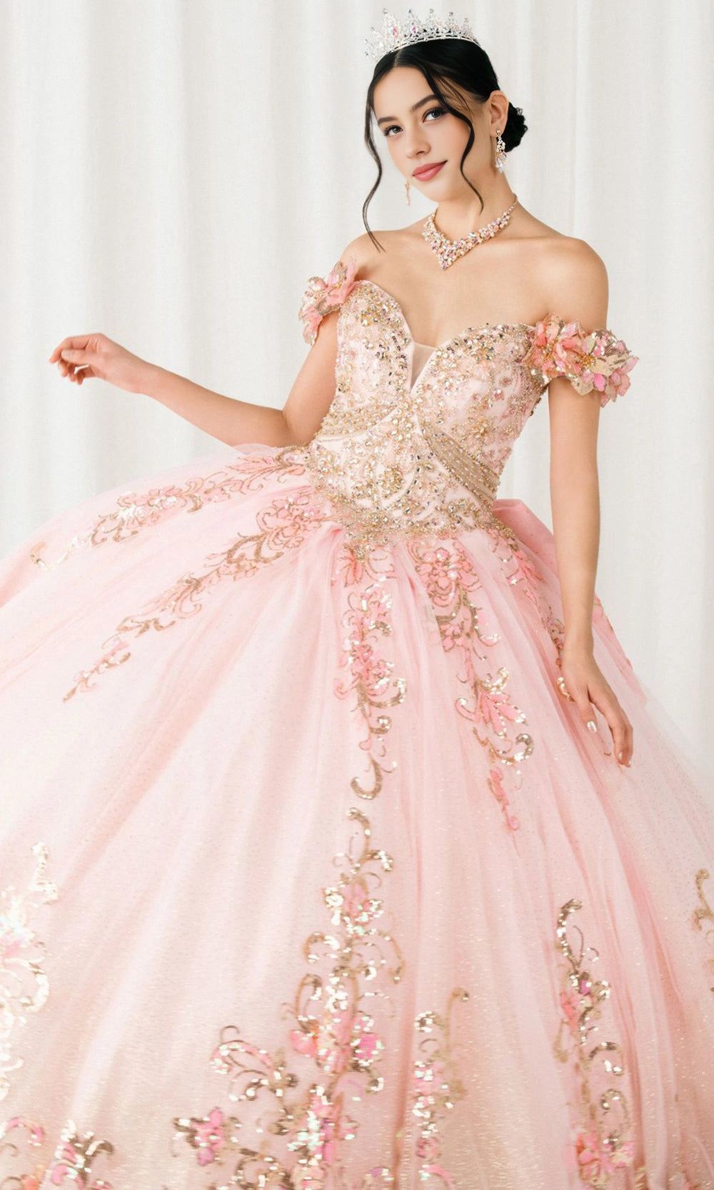 Glam Ball Gown Off‑Shoulder Floral Sleeve Lace‑Up Back Sweep Train Quinceanera Dress