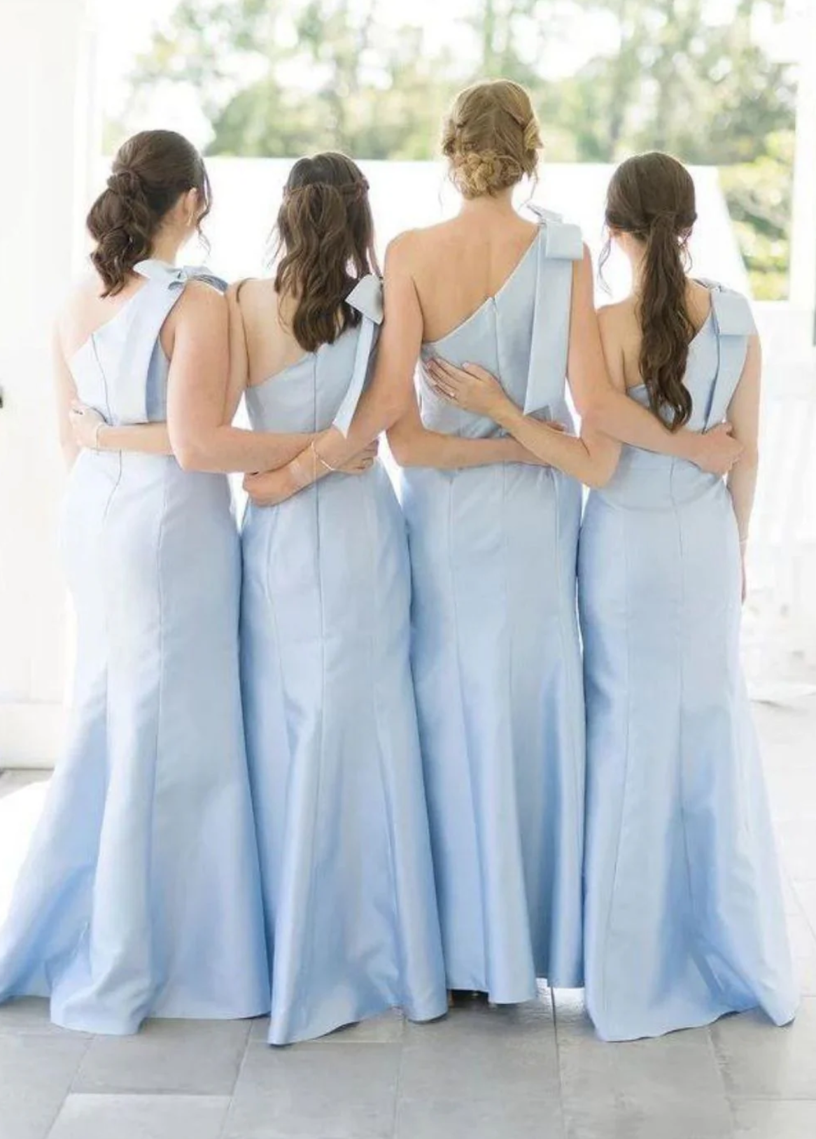 Elegant A Line One Shoulder Satin Floor-Length Bridesmaid Dresses for Formal Wedding Party Dress with Bowknot