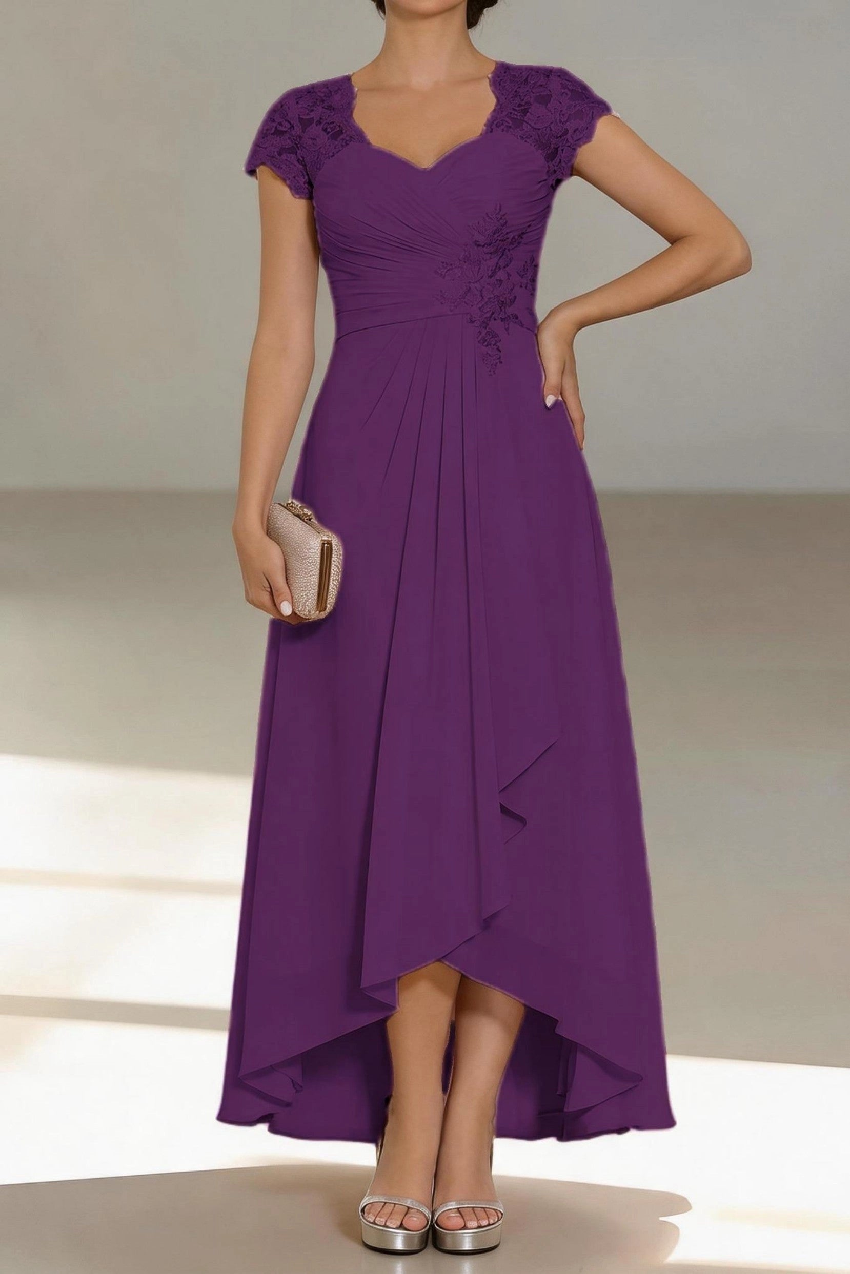 Romantic A-Line Sweetheart Cap Sleeve Zip Back High Low Mother Of The Bride Dress