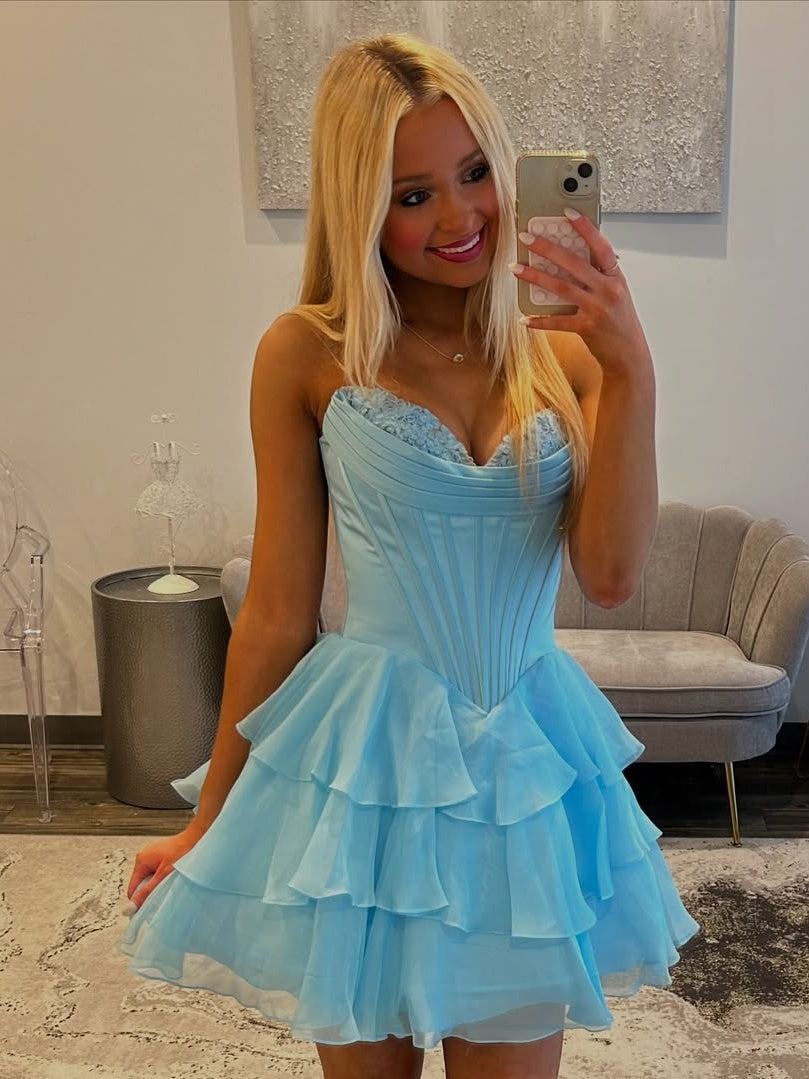 A Line Sweetheart Yellow Corset Homecoming Dress with Appliques Ruffles