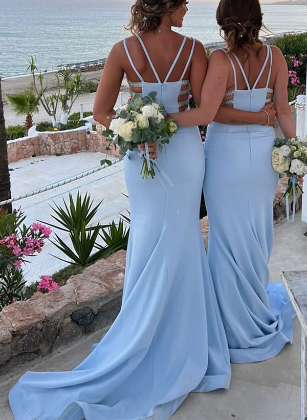 Sheath/Column Spaghetti Straps Floor-length Long Bridesmaid Dresses Silk Satin Formal Prom Evening Gown