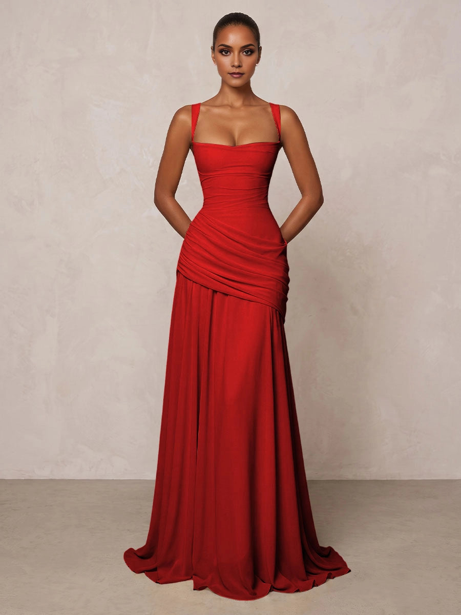 Graceful A‑Line Square‑Neck Sleeveless Crisscross‑Back Floor‑Length Bridesmaid Prom Dress