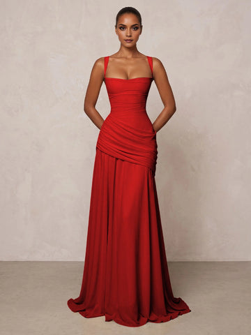 Graceful A‑Line Square‑Neck Sleeveless Crisscross‑Back Floor‑Length Bridesmaid Prom Dress