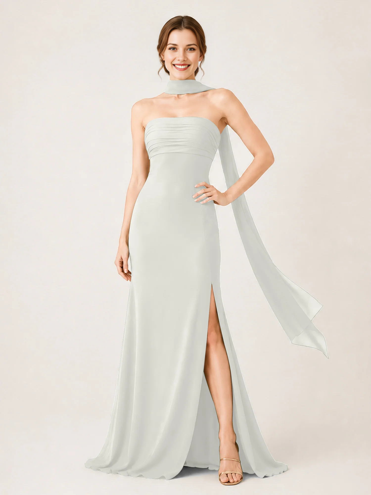 Strapless Ruched Chiffon Mermaid Bridesmaid Dress with Choker Scarf & High Slit