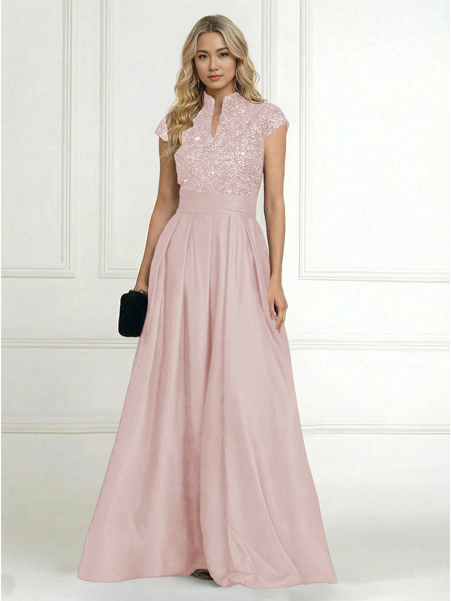 Luxury A-Line High-Neck Cap-Sleeve Zip-Back Floor-Length Plus Size Mother of the Bride Dress