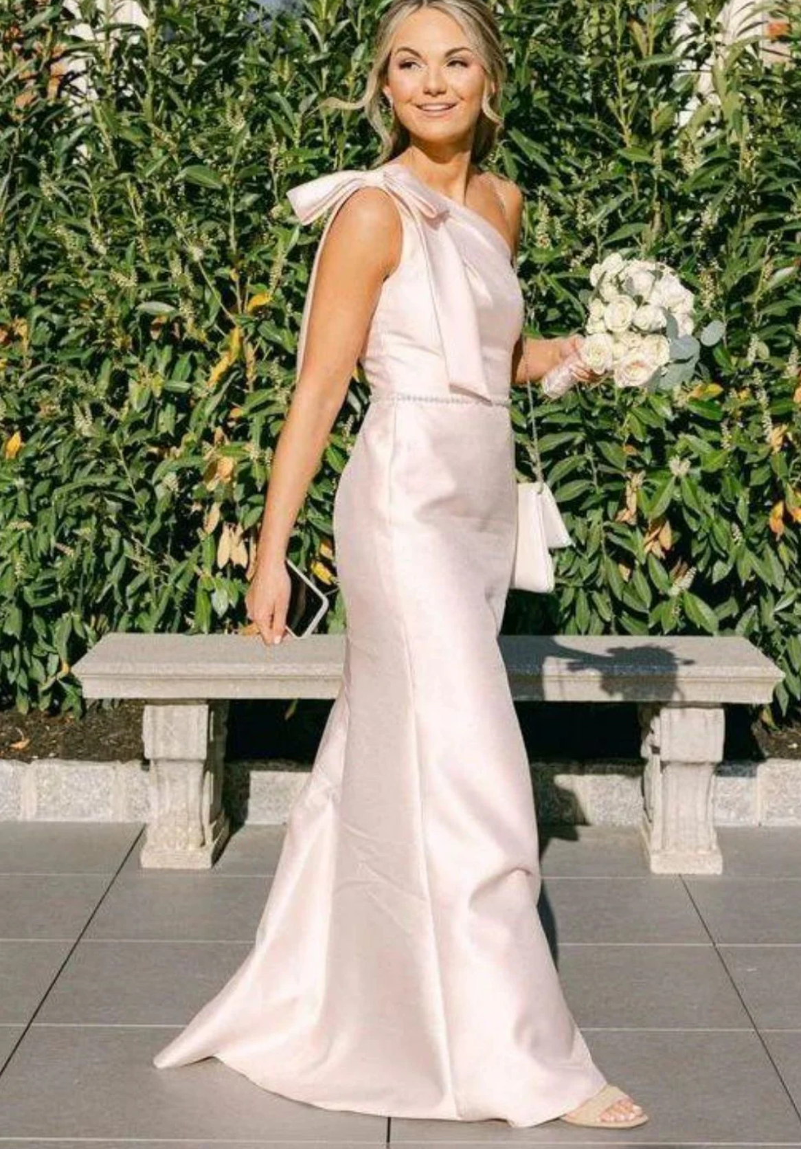 Elegant A Line One Shoulder Satin Floor-Length Bridesmaid Dresses for Formal Wedding Party Dress with Bowknot