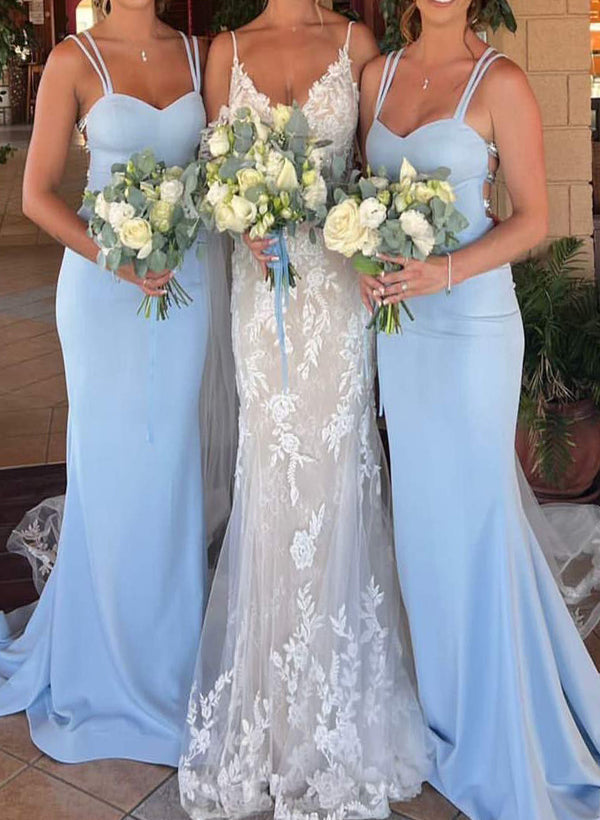 Vestido de Dama de Honor Largo hasta el Suelo Tipo Tubo/Columna con Tirantes Finos de Satén de Seda para Fiesta de Graduación/Noche