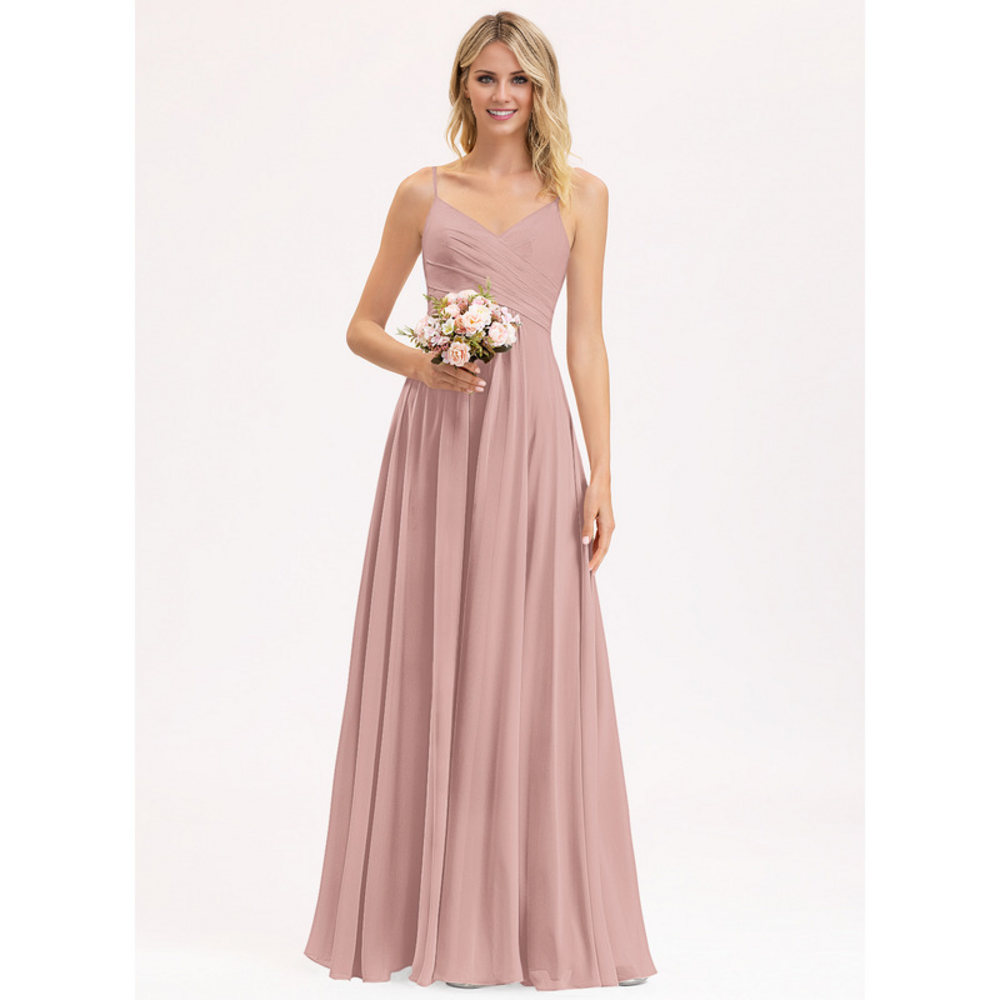 Spaghetti Strap V-Neck Chiffon Bridesmaid Dress - A-Line Floor-Length Formal Gown for Wedding Guest
