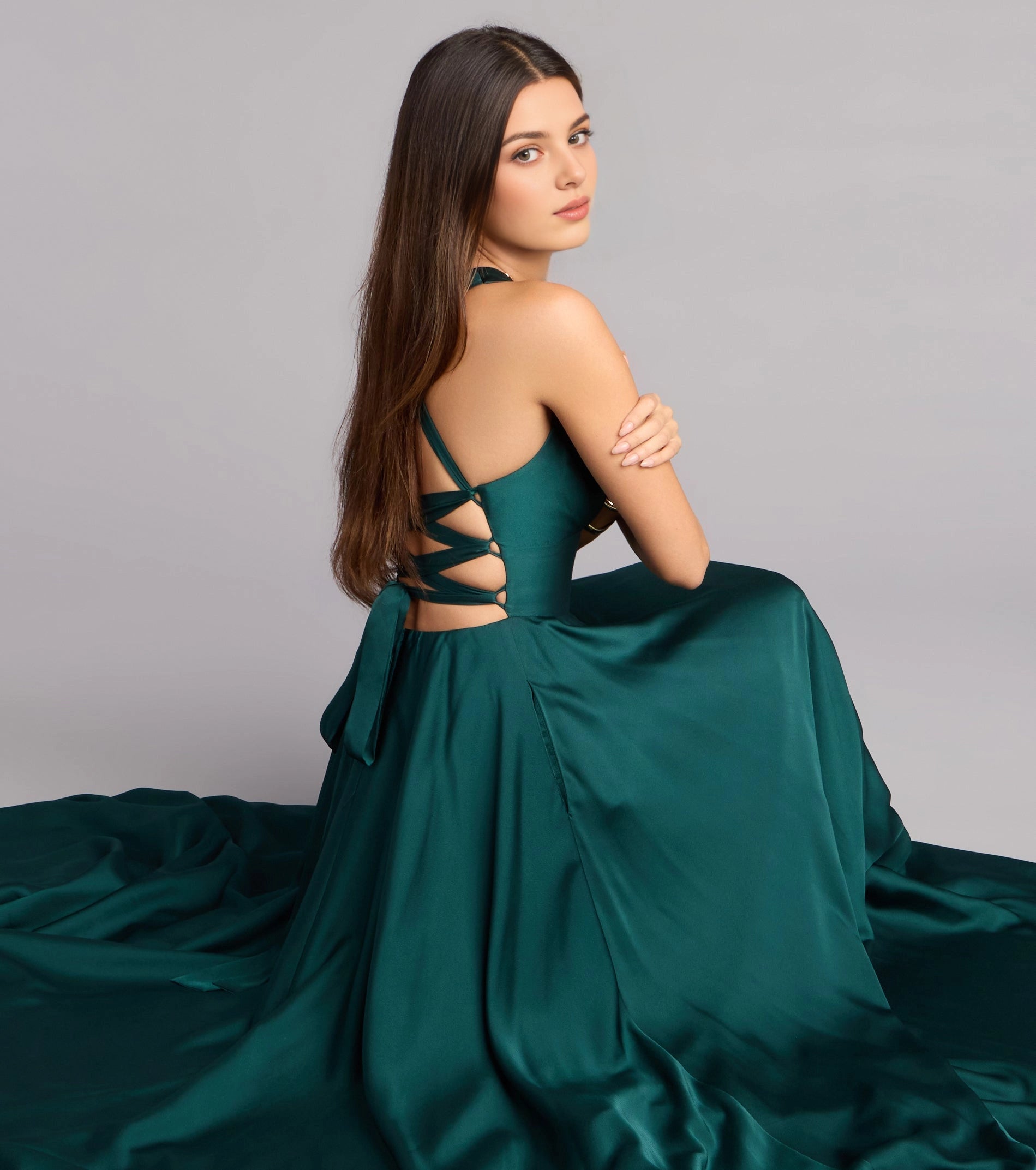 Navy A Line Halter Deep V Sleeveless Lace Up Back Slit Long Prom Dress