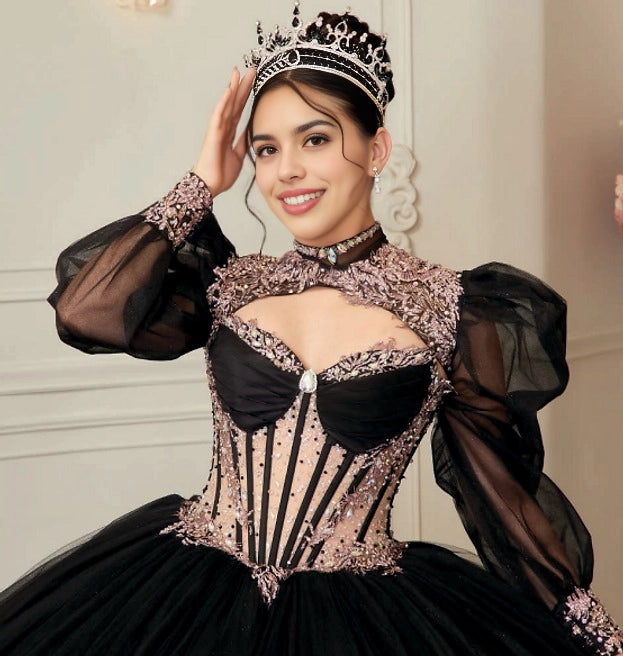 Ball Gown Puff Sleeve Corset Back Cape Train Quinceañera Dress