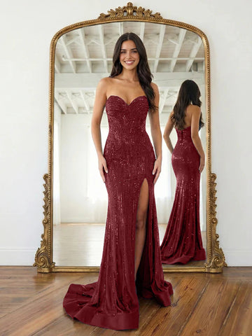 Glamorous Mermaid Sweetheart Strapless Low-Back Floor-Length Sparkly Slit Prom Dress