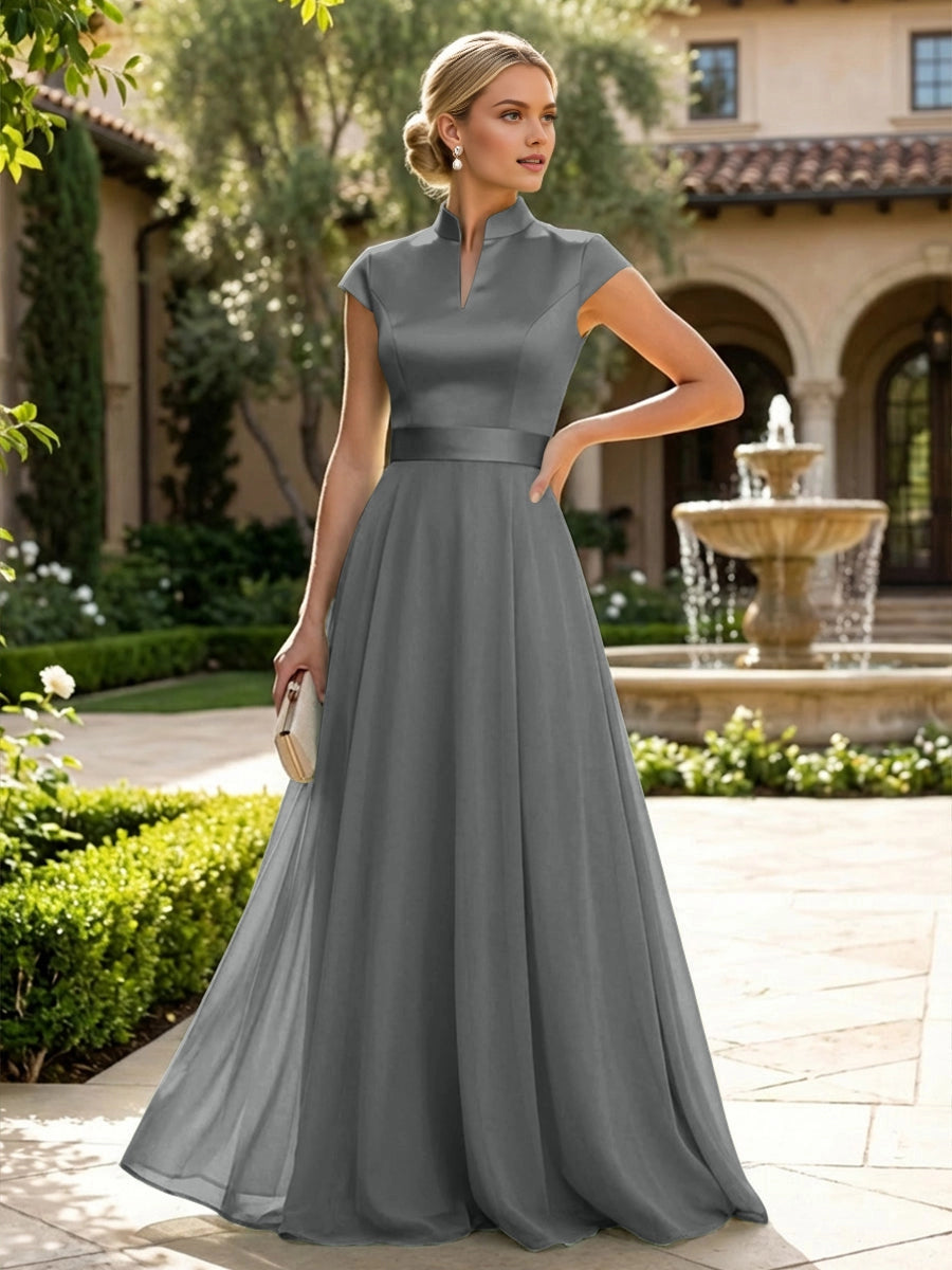 Elegant Sage A‑Line Stand‑Collar Cap‑Sleeve Zip‑Back Floor‑Length Mother Of The Bride Dress